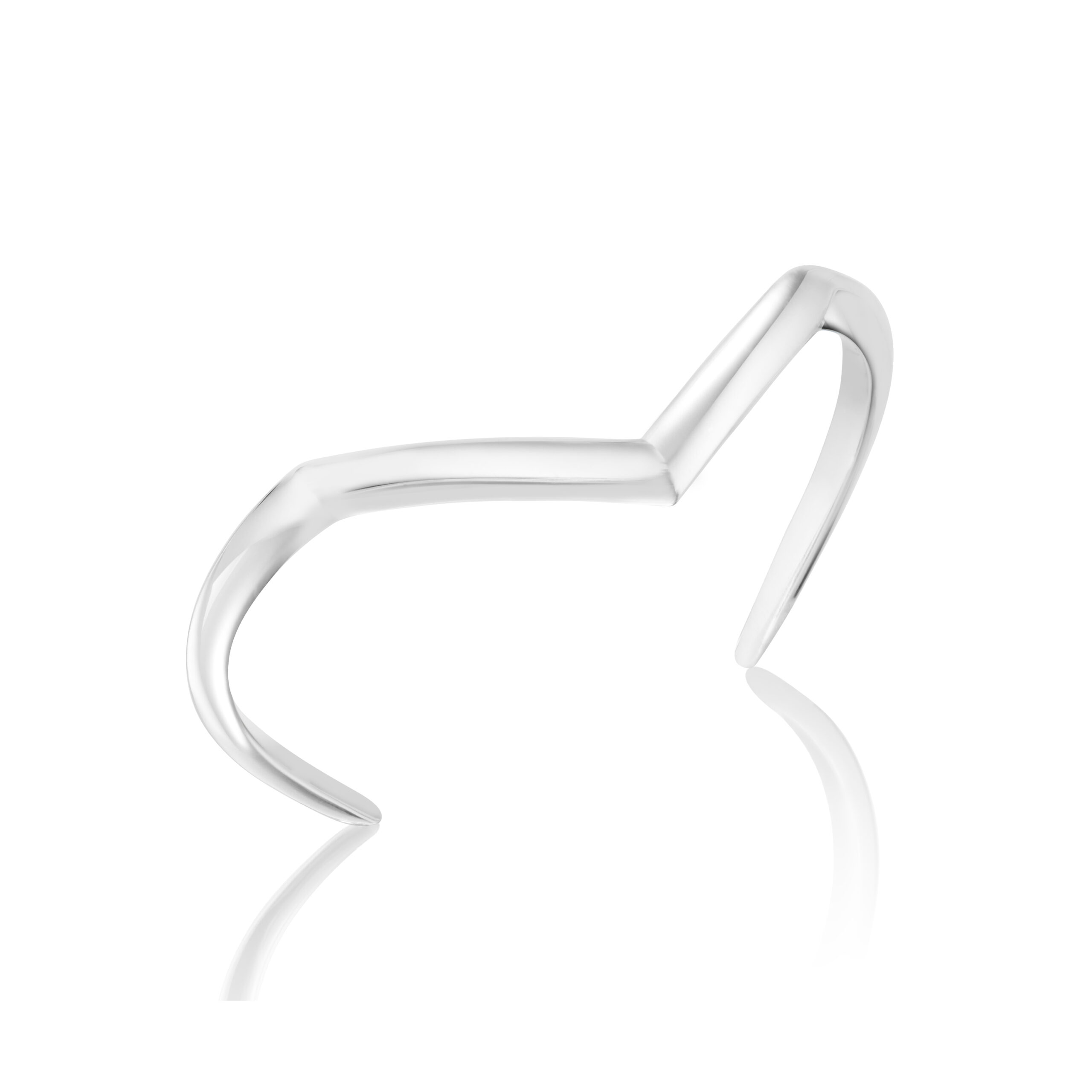 This a product photo of the Renisis Skywalk Single Wrist Cuff. It is crafted in 18k white gold and has a sharply bent shape.
